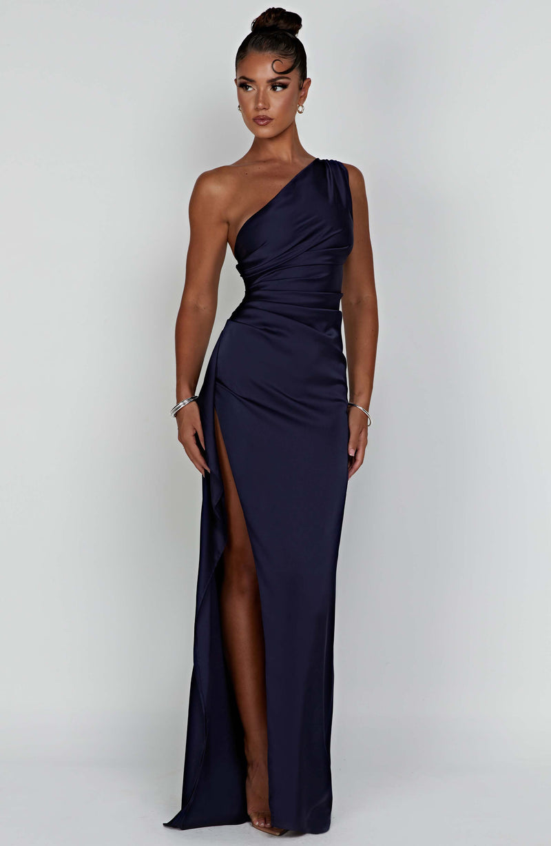One Shoulder Satin Dress - Long Bodycon Style With Side Slit & Adjustable Strap