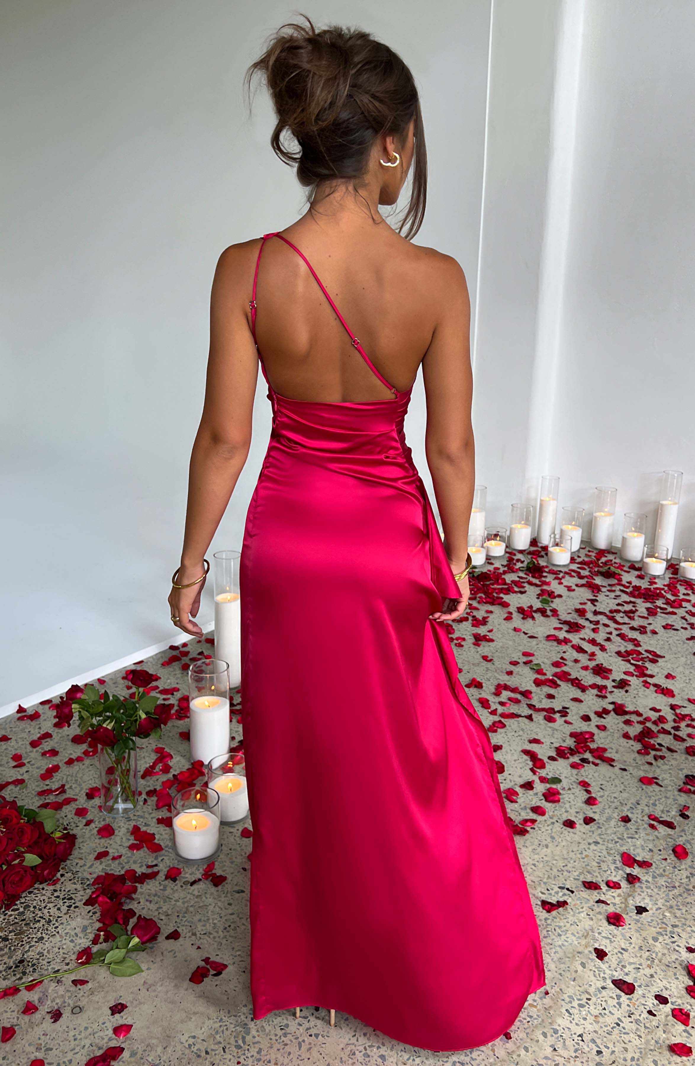 One Shoulder Satin Dress - Long Bodycon Style With Side Slit & Adjustable Strap