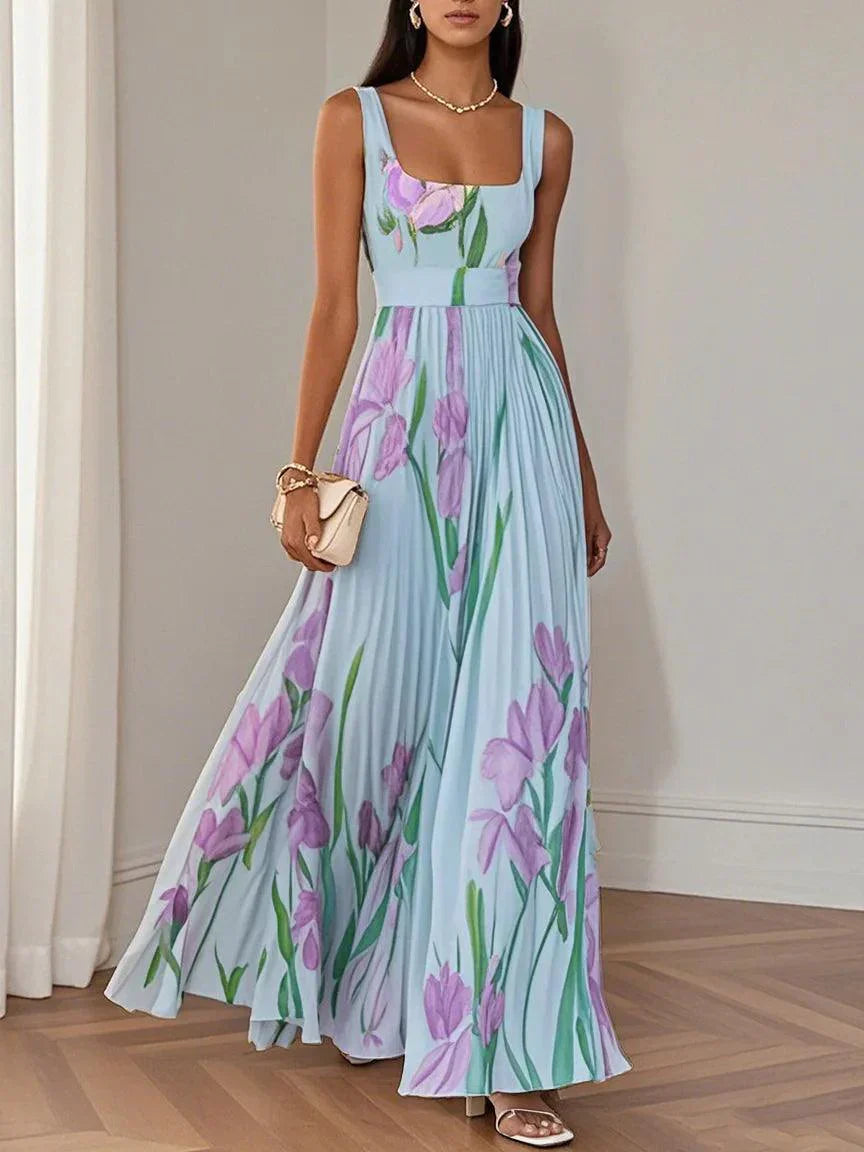 Pleated Floral Maxi Dress – Elegant Chiffon Sleeveless A-Line Silhouette