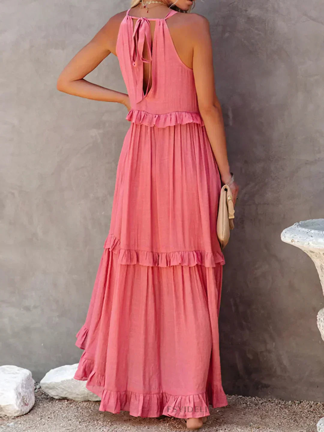 Halter Ruffle Maxi Dress – Elegant Bohemian Flowy Summer Dress With Ruffle Hem