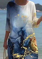 Mid Sleeve Day Dress – Relaxed Cotton Blend Abstract Print Dress for Spring Autumn