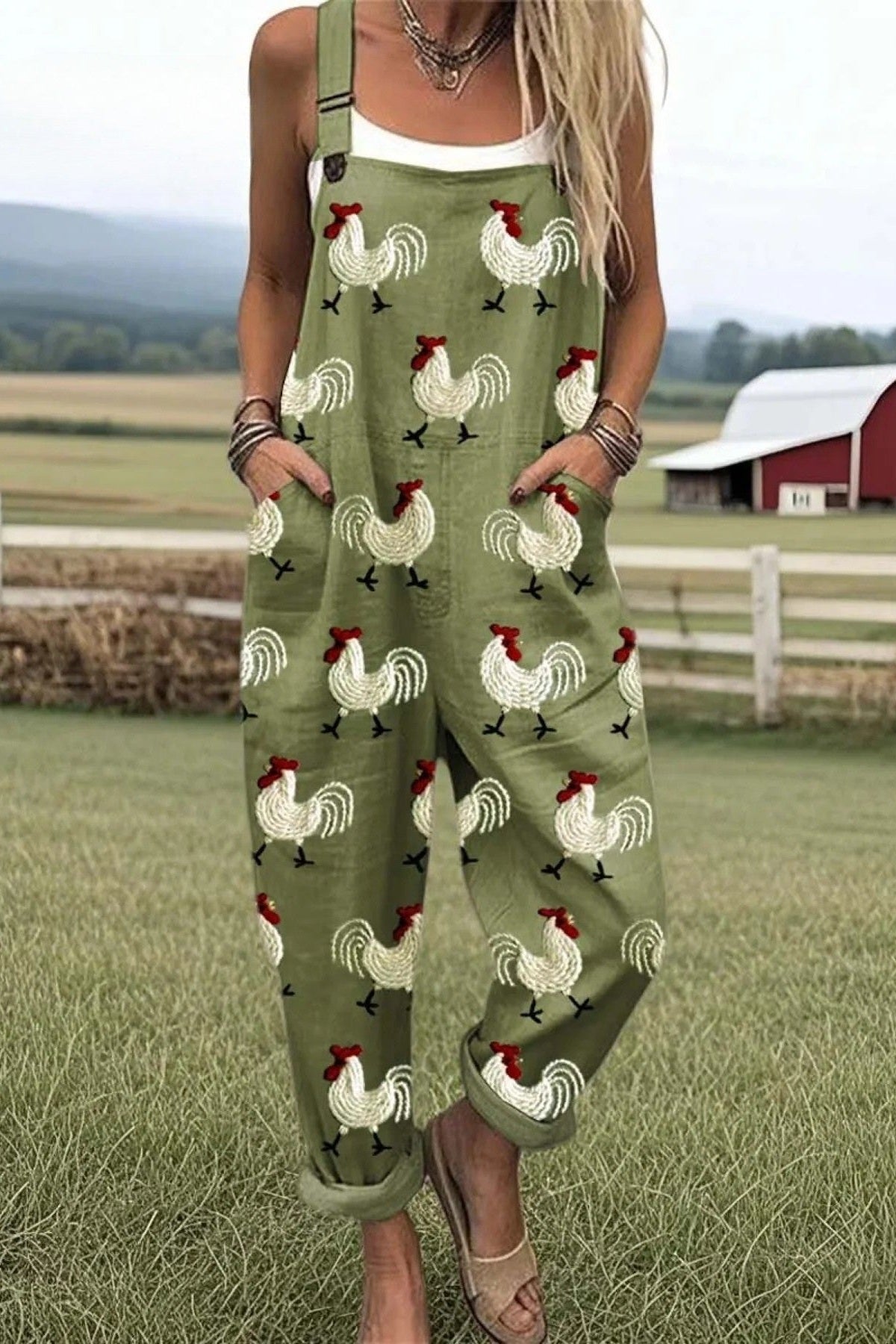 Cluck & Chill Jumpsuit – Relaxed Fit Overalls with Rooster Print & Front Pockets