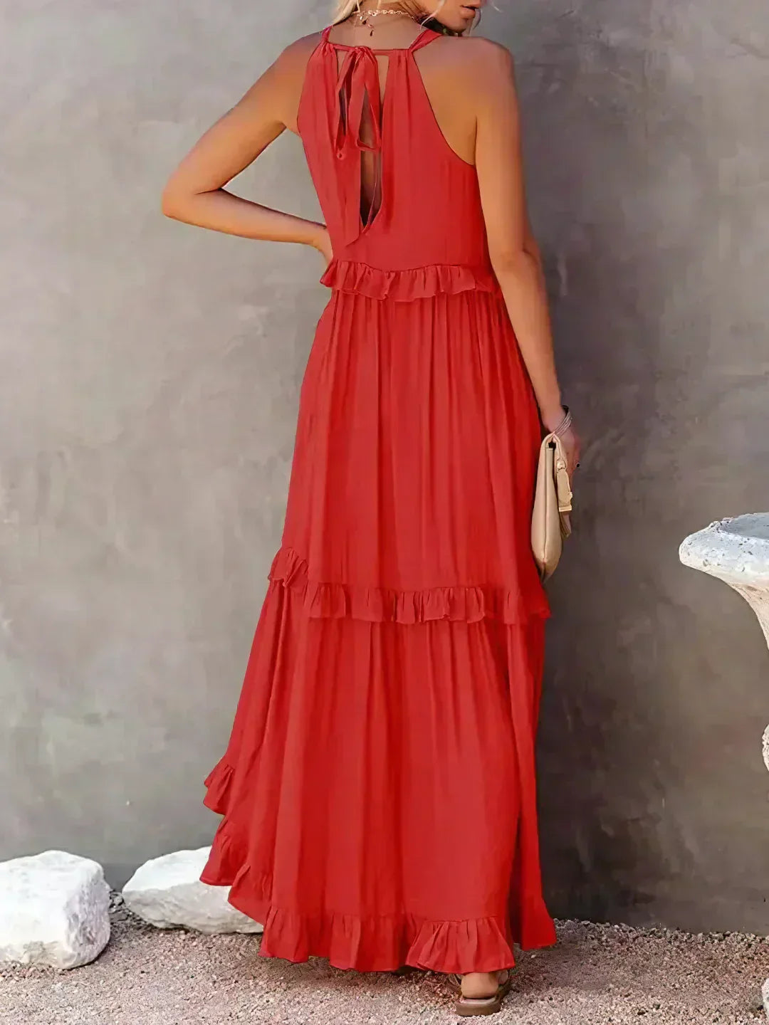 Halter Ruffle Maxi Dress – Elegant Bohemian Flowy Summer Dress With Ruffle Hem