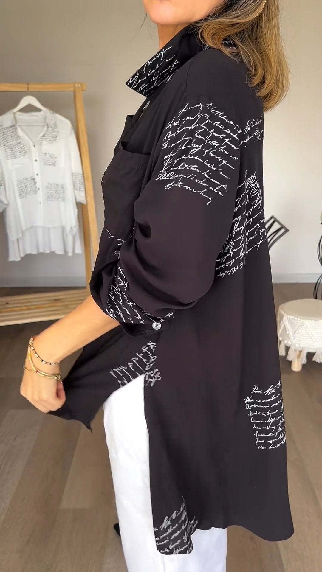 Handwritten Button-Up Shirt - Casual Chic Viscose Fabric Blouse With Artistic Print