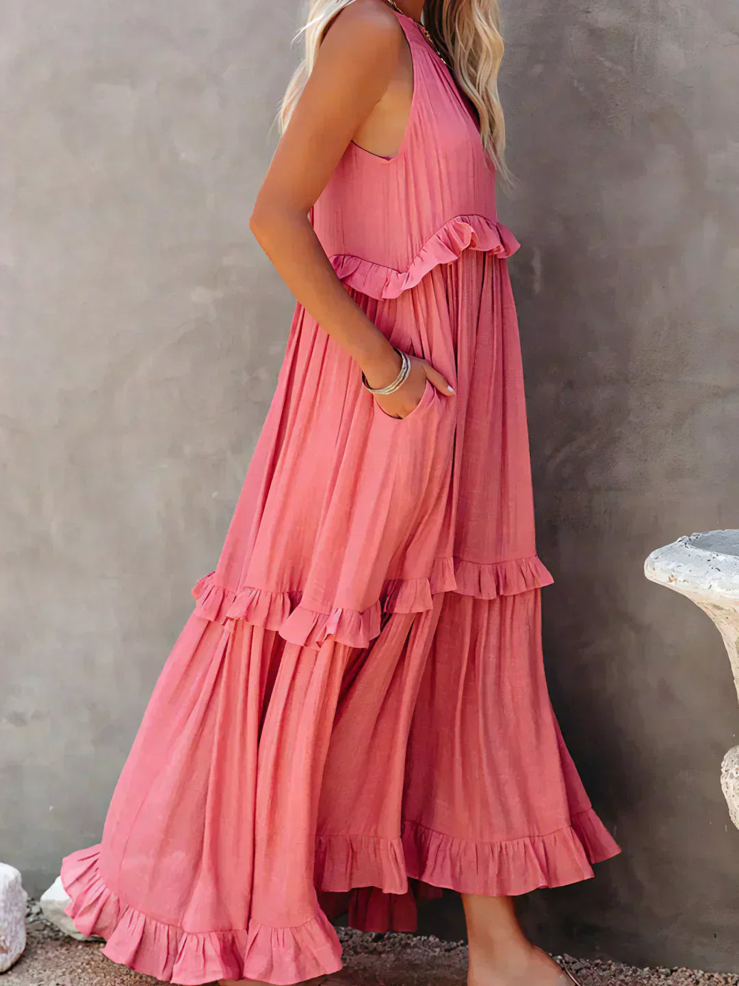Halter Ruffle Maxi Dress – Elegant Bohemian Flowy Summer Dress With Ruffle Hem