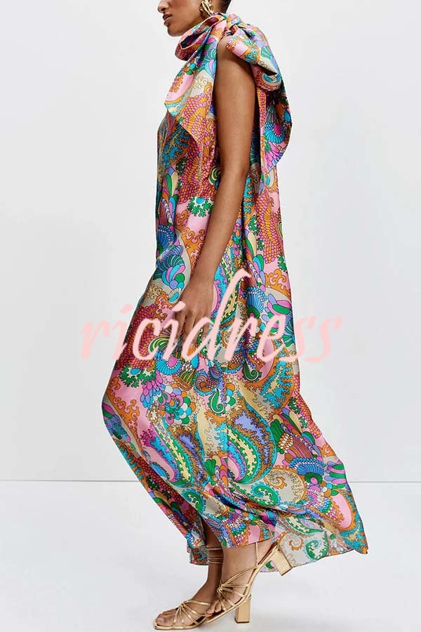 One-Shoulder Satin Maxi Dress - Unique Printed Bow Detail | Summer Elegant Gown