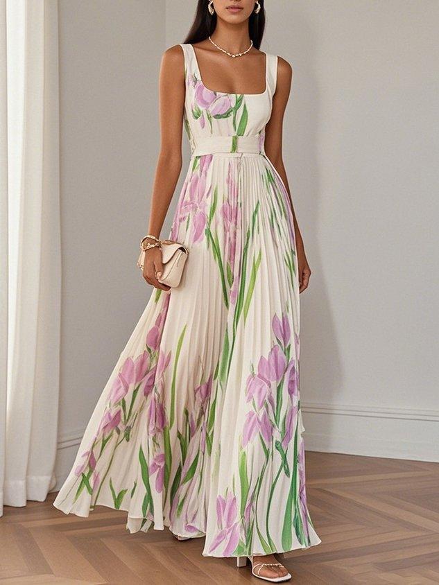 Pleated Floral Maxi Dress – Elegant Chiffon Sleeveless A-Line Silhouette