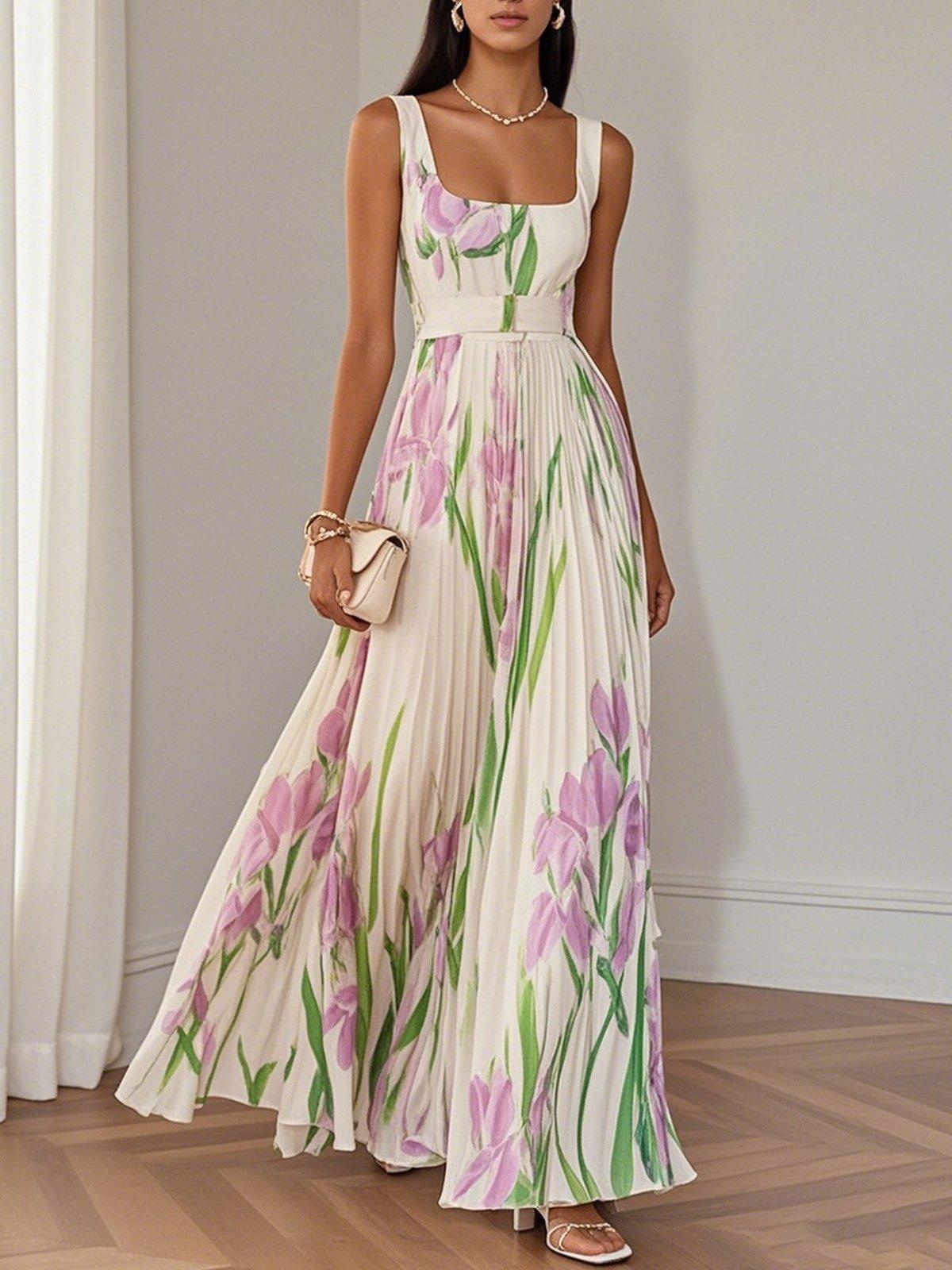 Pleated Floral Maxi Dress – Elegant Chiffon Sleeveless A-Line Silhouette