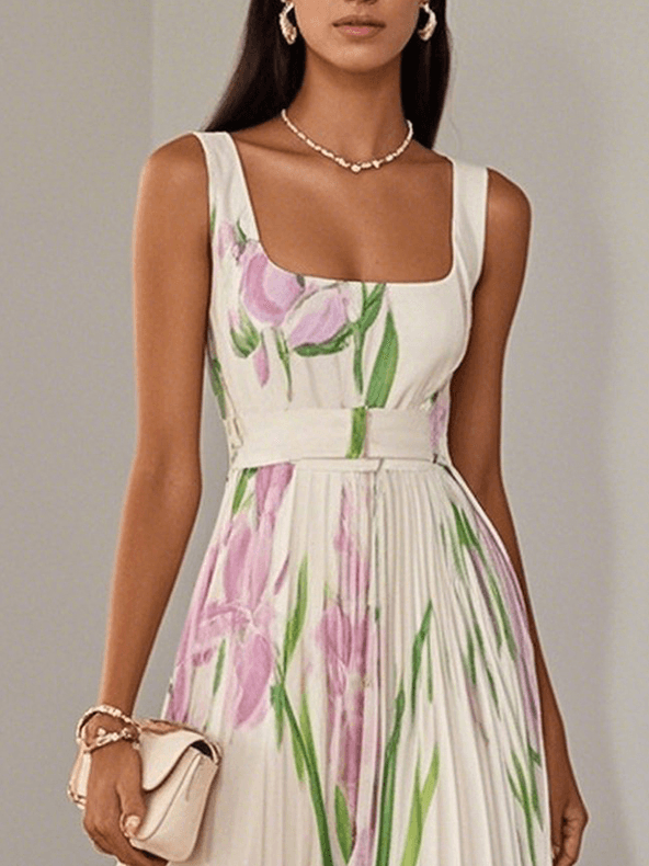 Pleated Floral Maxi Dress – Elegant Chiffon Sleeveless A-Line Silhouette