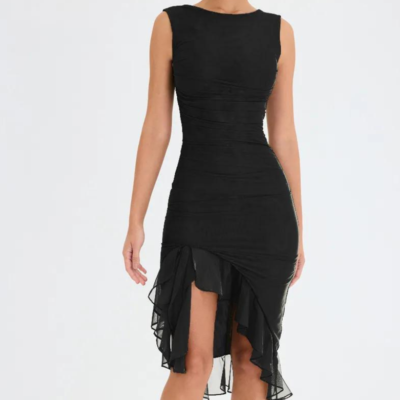 Ruffle Midi Dress – Elegant Charlote Mesh Dress With Power Mesh Lining