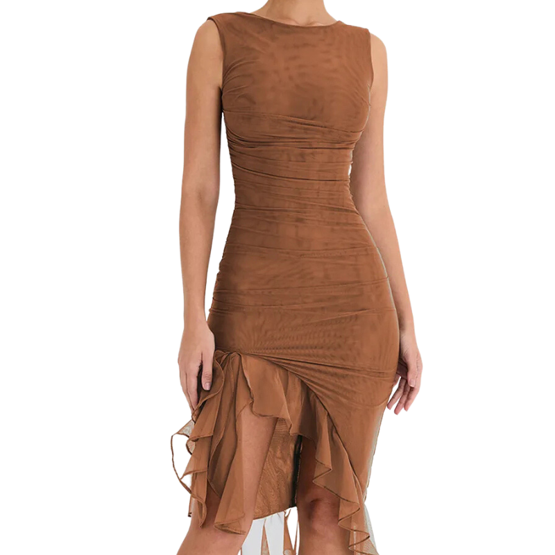 Ruffle Midi Dress – Elegant Charlote Mesh Dress With Power Mesh Lining