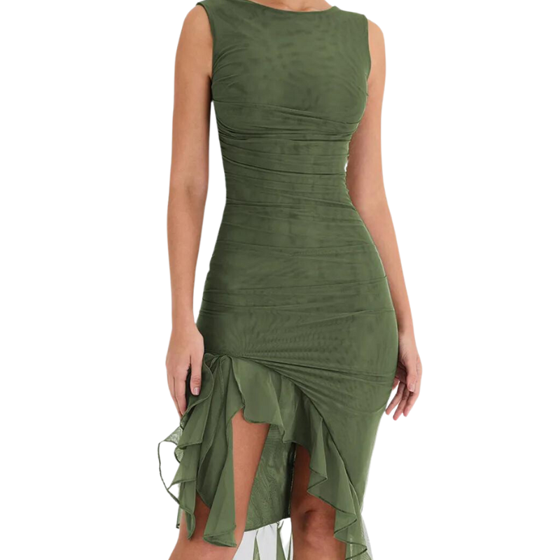 Ruffle Midi Dress – Elegant Charlote Mesh Dress With Power Mesh Lining