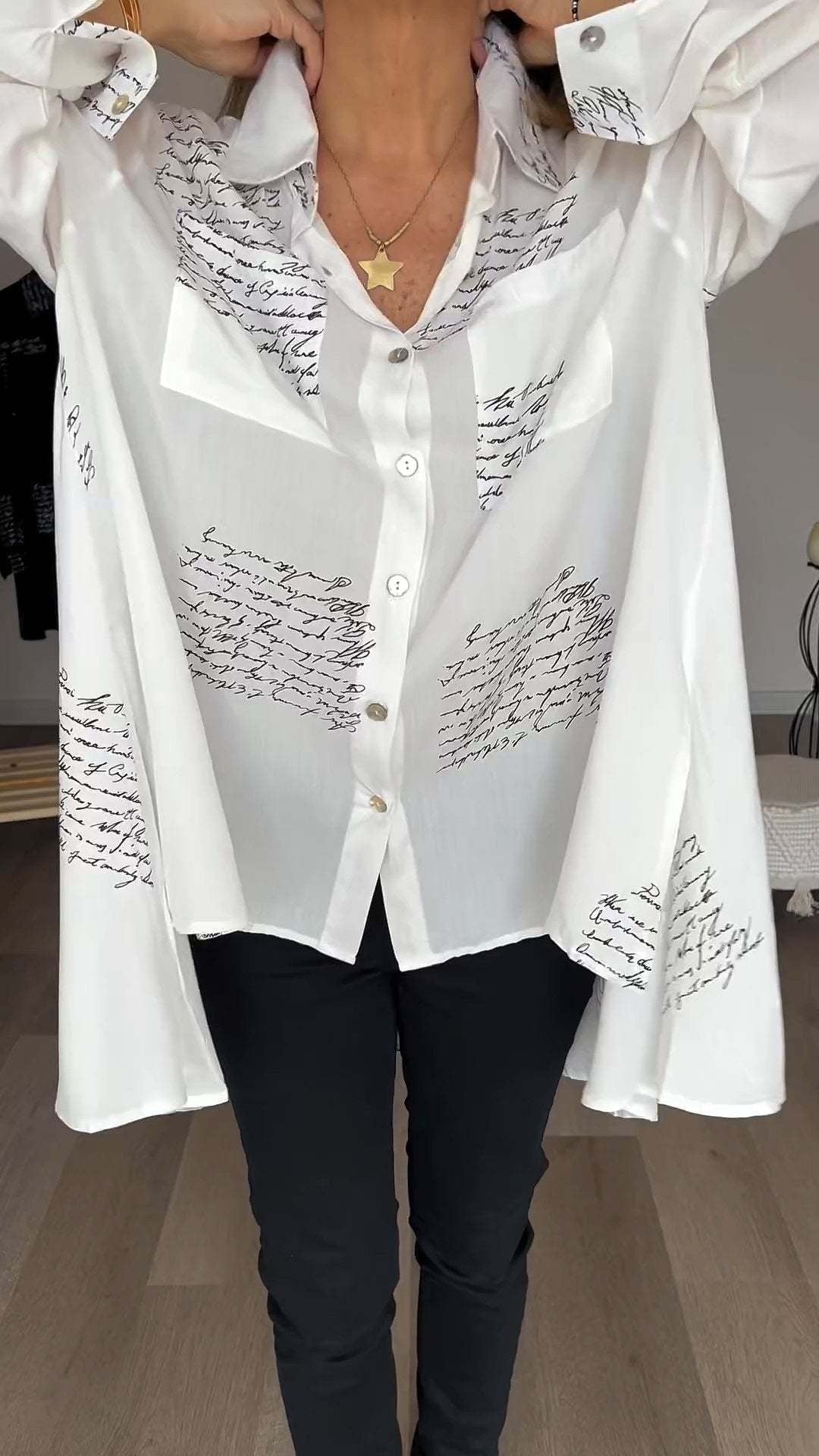 Handwritten Button-Up Shirt - Casual Chic Viscose Fabric Blouse With Artistic Print