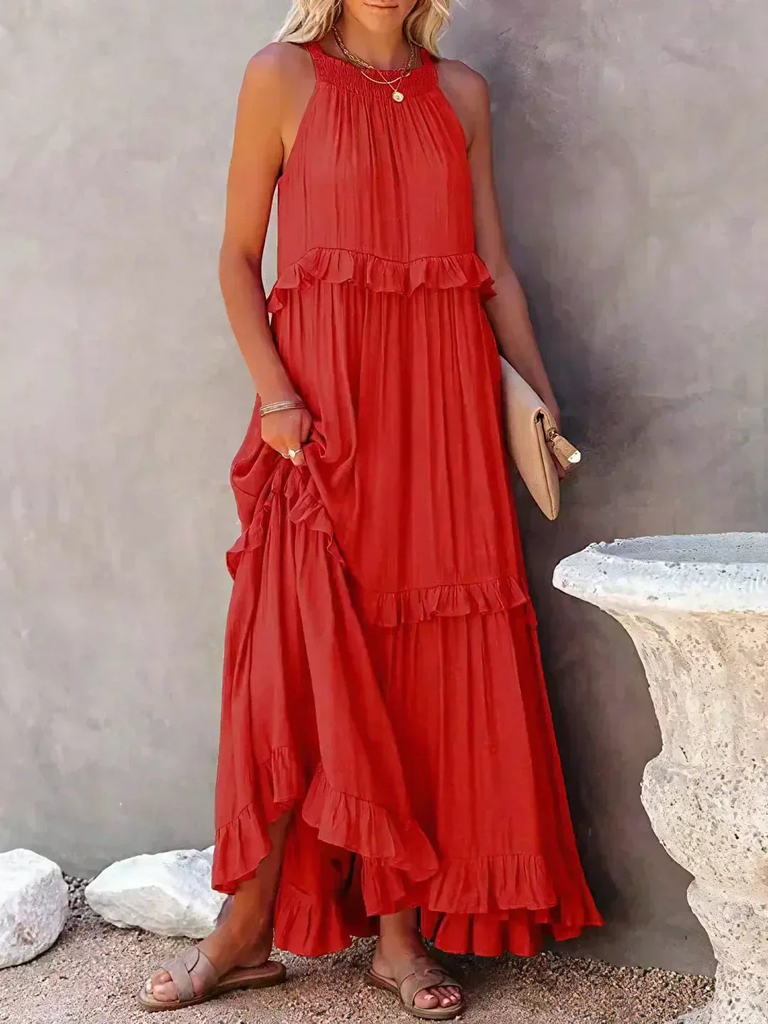 Halter Ruffle Maxi Dress – Elegant Bohemian Flowy Summer Dress With Ruffle Hem