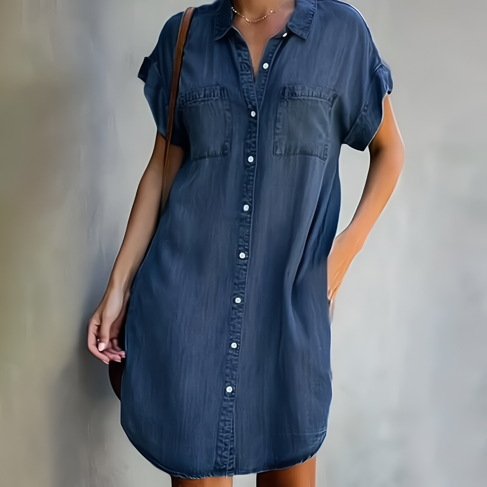 Denim Button-Up Dress - Classic Flowy Casual Dress With Collared Neckline