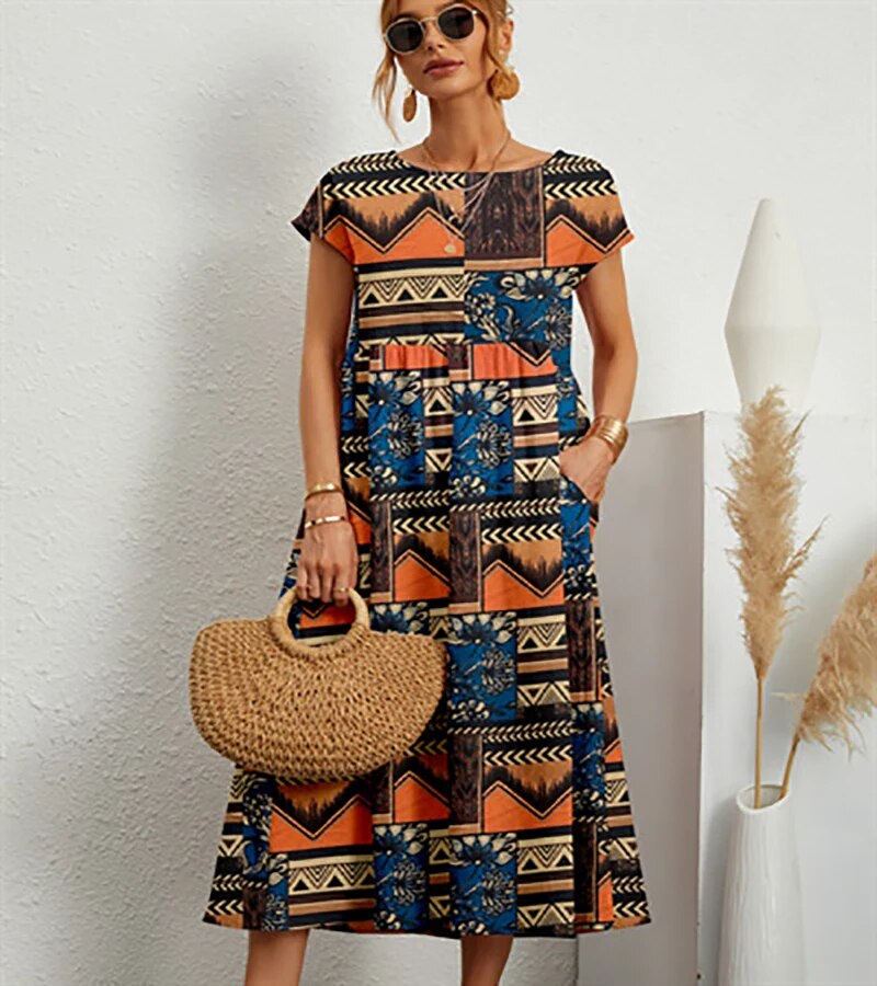 Comfy Cotton Dress - Floral A-Line Summer Dress With Printed Short Sleeves