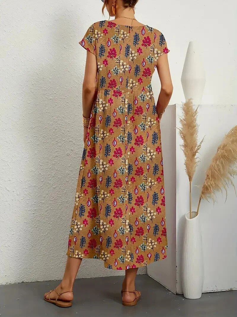 Comfy Cotton Dress - Floral A-Line Summer Dress With Printed Short Sleeves