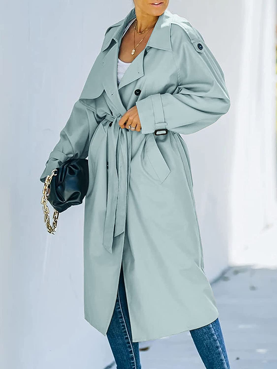 Women's Trench Coat - Double-Breasted Long Coat With Adjustable Belt, Elegant Outerwear