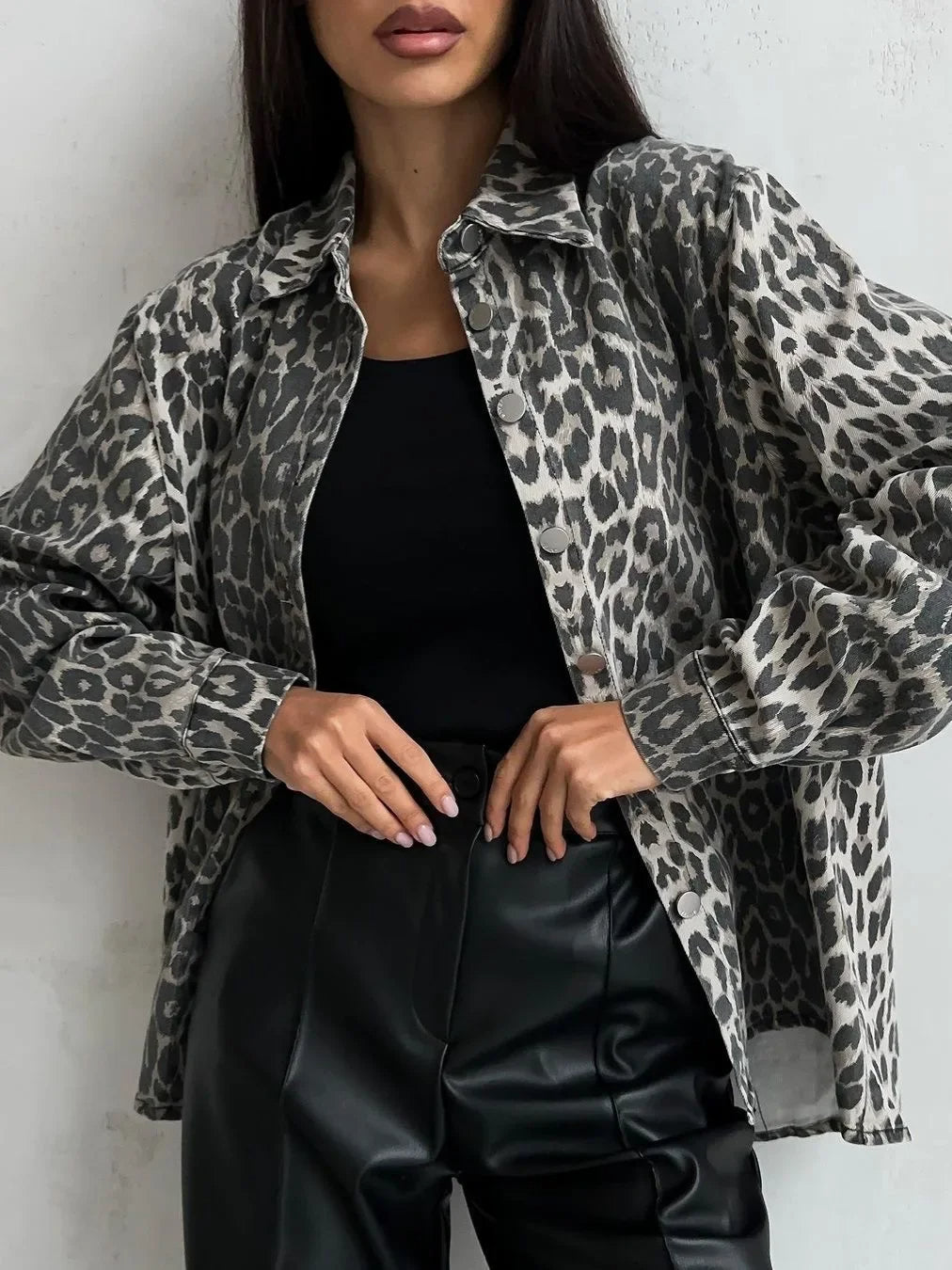 Leopard Print Jacket - Elegant Women's Button Down Coat With Classic Collar
