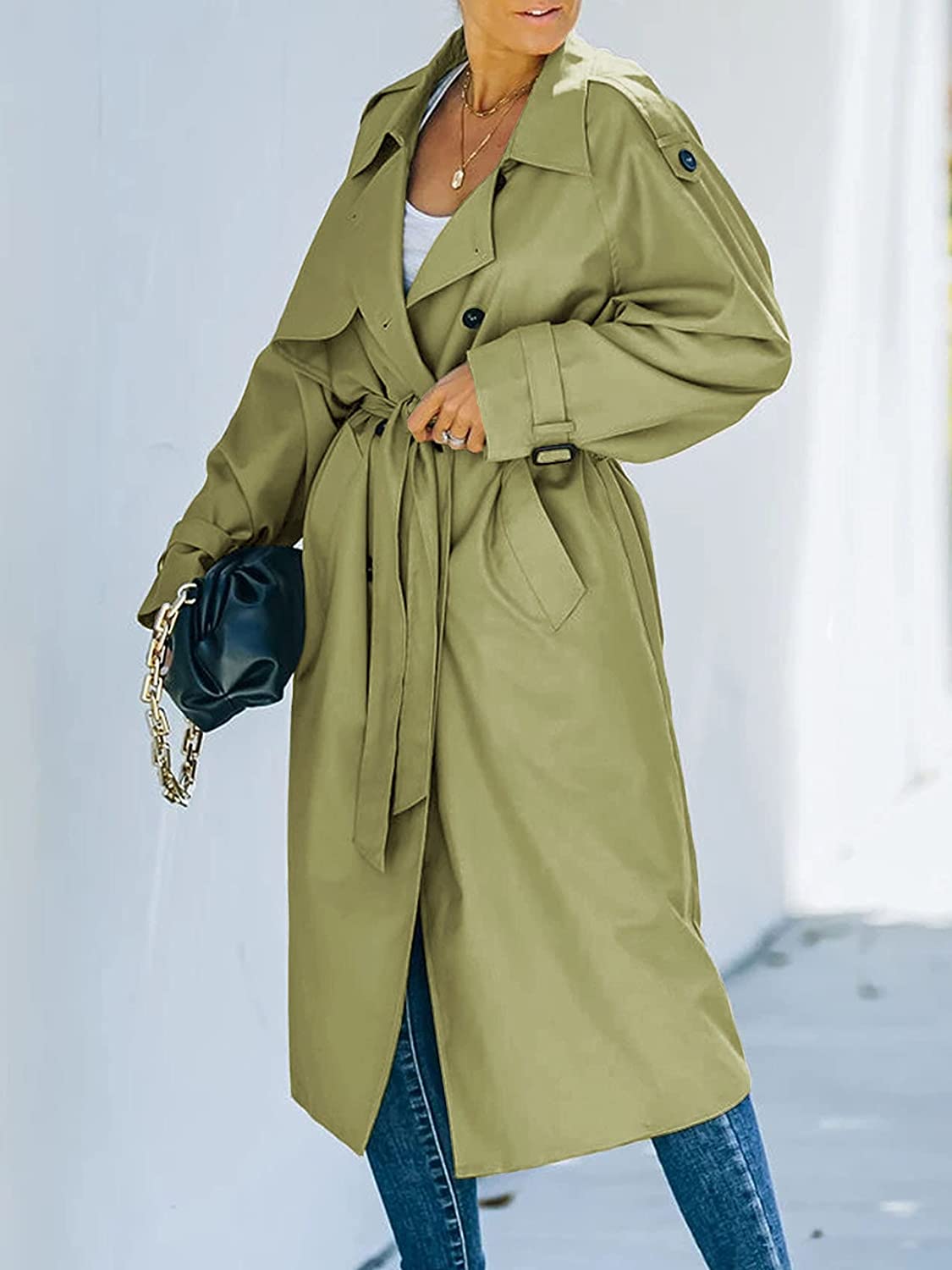Women's Trench Coat - Double-Breasted Long Coat With Adjustable Belt, Elegant Outerwear