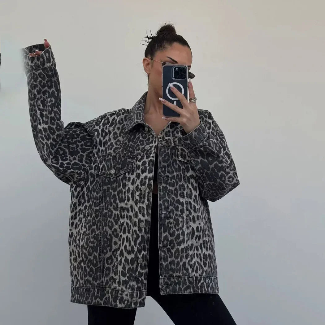 Leopard Print Jacket - Elegant Women's Button Down Coat With Classic Collar