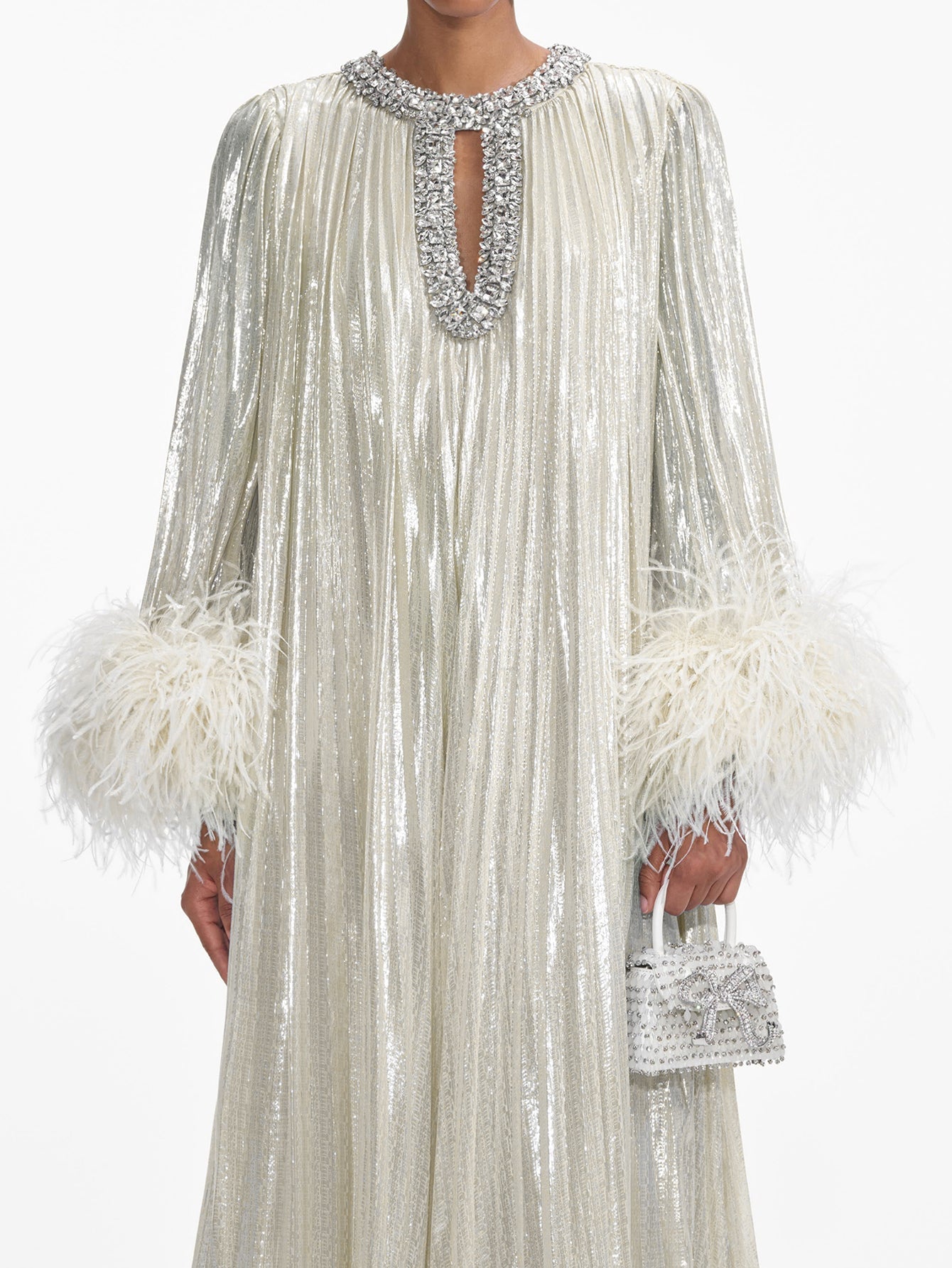 Feather Embellished Evening Gown – Satin Maxi Dress With Crystal Accents