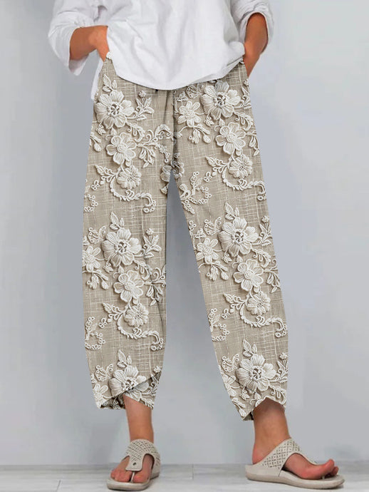 Relaxed Fit Printed Pants - Floral Print Pants With Stretch Waistband & Side Pockets