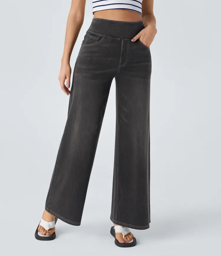 Wide-Leg Jeans - Relaxed Fit High Waist Pull On Stretch Fabric Denim