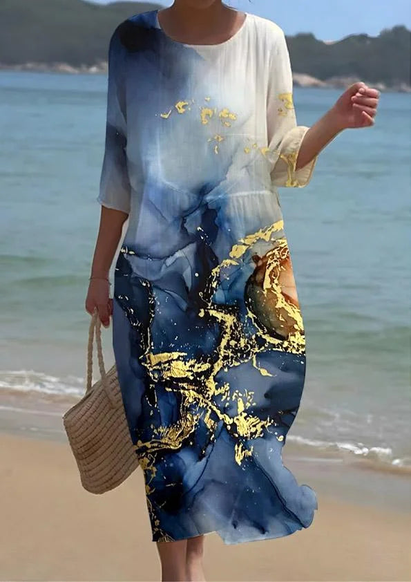 Mid Sleeve Day Dress – Relaxed Cotton Blend Abstract Print Dress for Spring Autumn