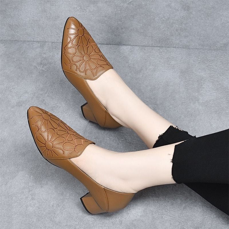 Soft Vegan Leather Pumps – Embroidered Classic Women's Heels with Cushioned Sole