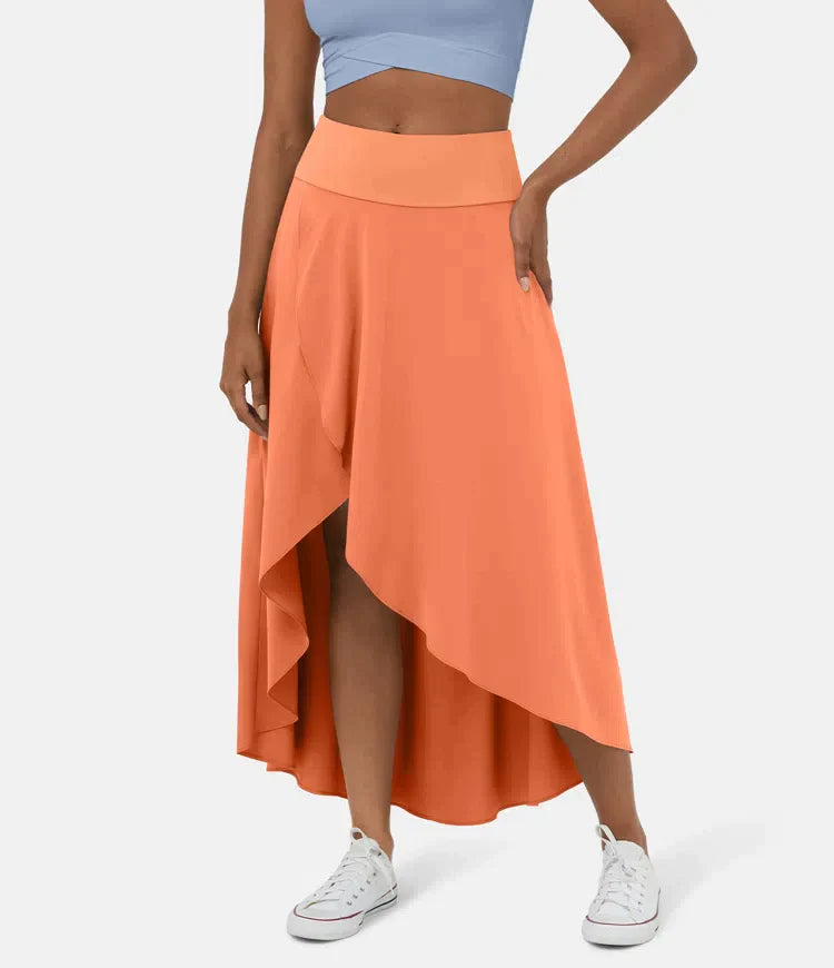 Asymmetric Midi Skirt - Elegant High Waist Flowy Skirt for Women