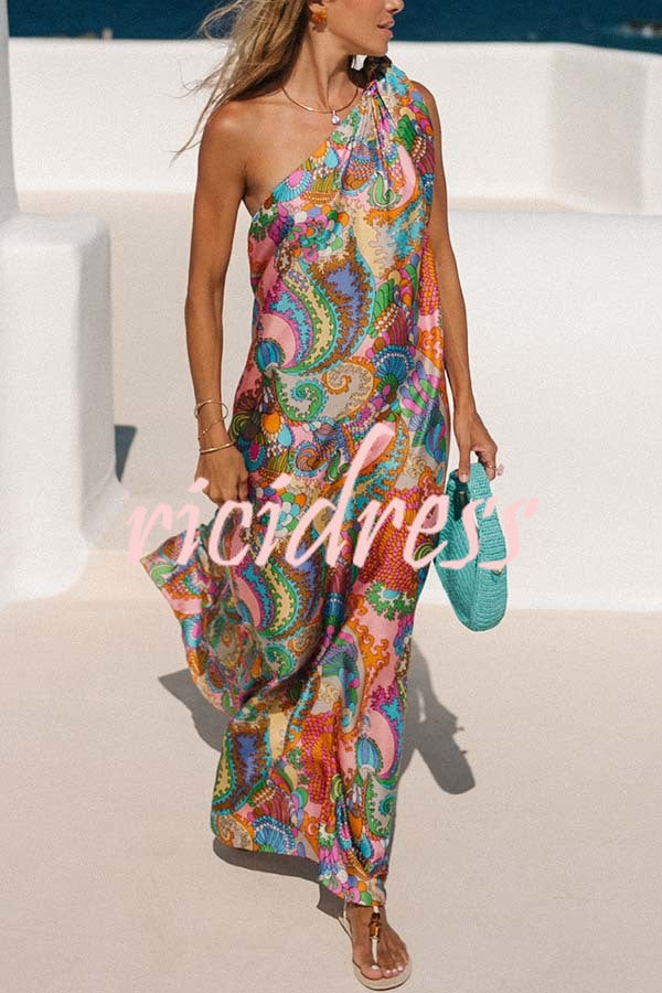 One-Shoulder Satin Maxi Dress - Unique Printed Bow Detail | Summer Elegant Gown