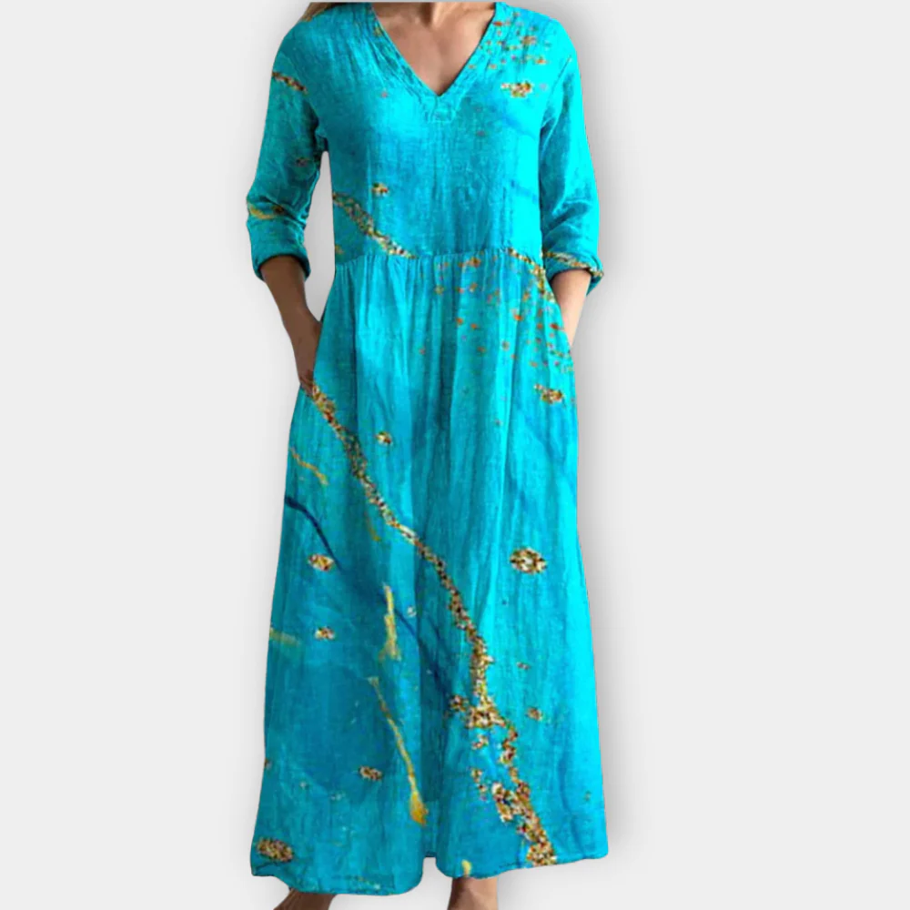 Boho Maxi Dress - Flowy V Neck Summer Dress With Bohemian Print