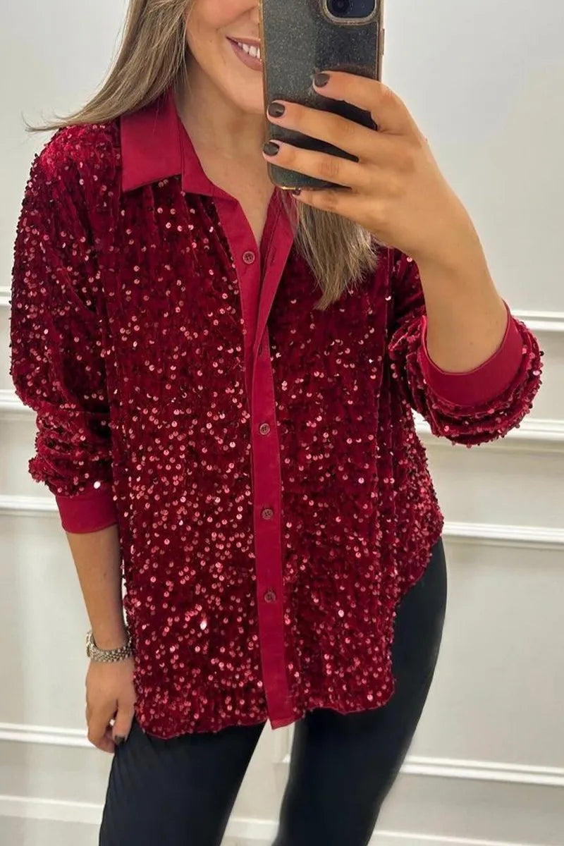 Shimmer Sequin Shirt – Chic Tailored Fit Party Top with Sparkling Sequined Fabric