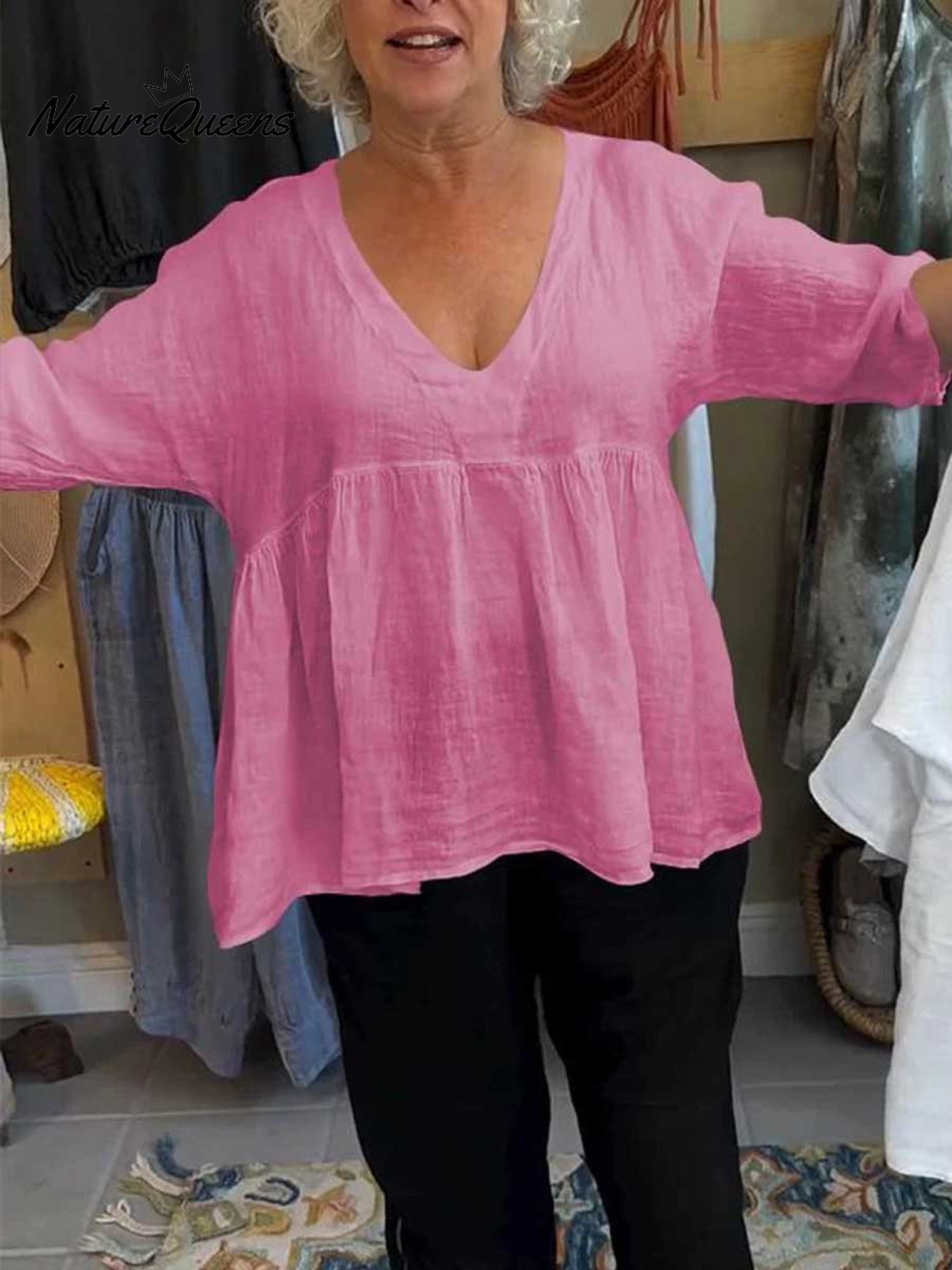 V-Neck Cotton Linen Shirt – Breathable Lightweight Blouse With Relaxed Fit