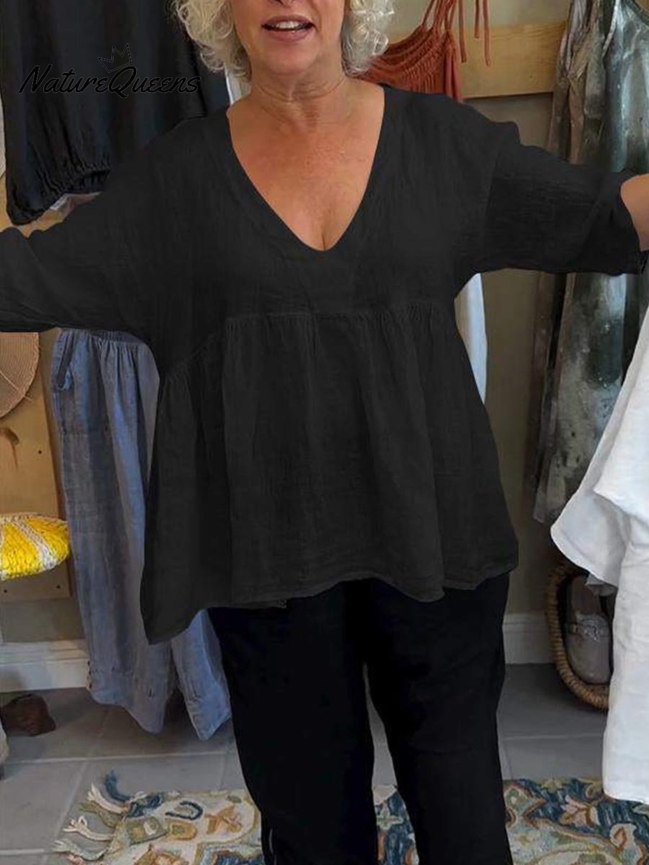 V-Neck Cotton Linen Shirt – Breathable Lightweight Blouse With Relaxed Fit