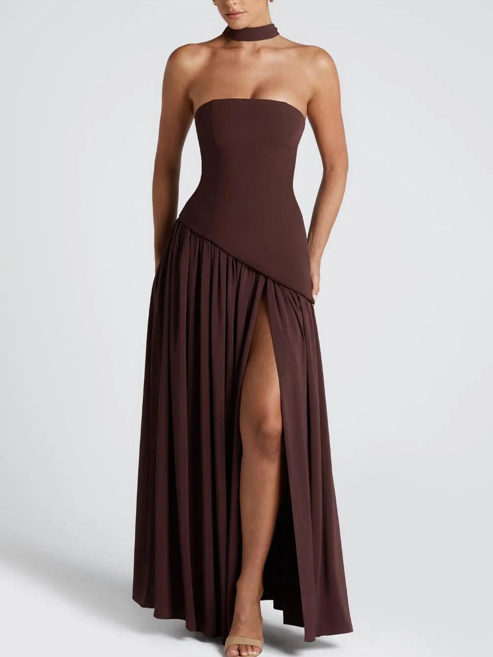 Strapless Slit Gown – Elegant Maxi Dress With Ribbon Detail & Satin Blend Fabric