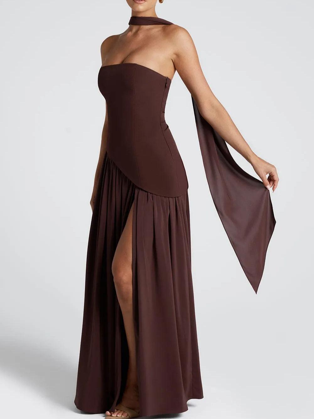 Strapless Slit Gown – Elegant Maxi Dress With Ribbon Detail & Satin Blend Fabric