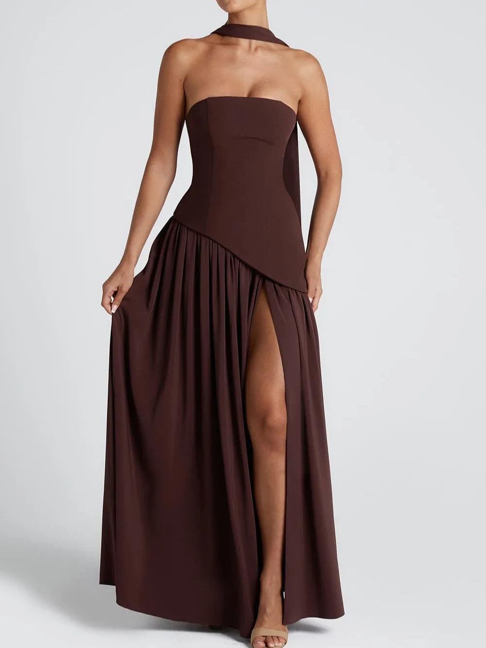 Strapless Slit Gown – Elegant Maxi Dress With Ribbon Detail & Satin Blend Fabric