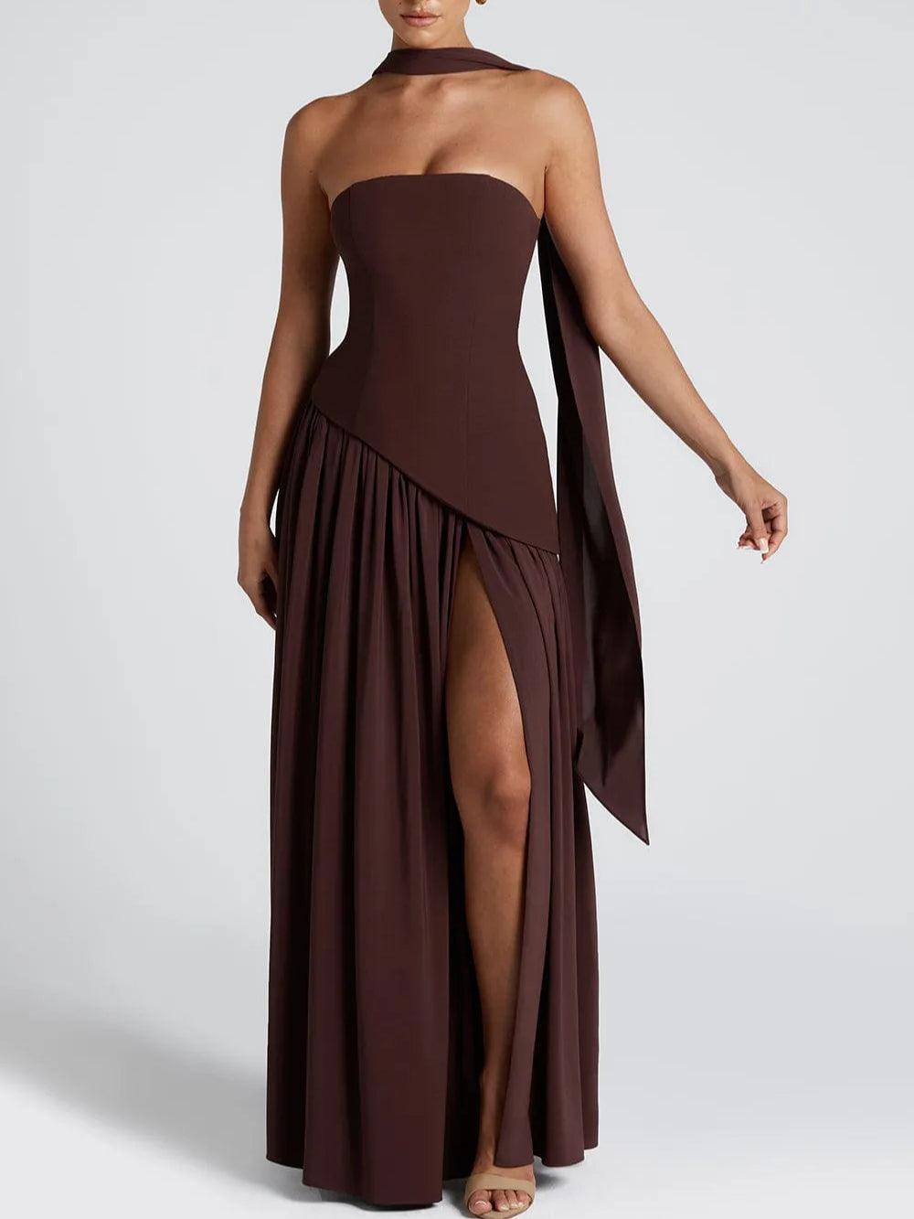 Strapless Slit Gown – Elegant Maxi Dress With Ribbon Detail & Satin Blend Fabric