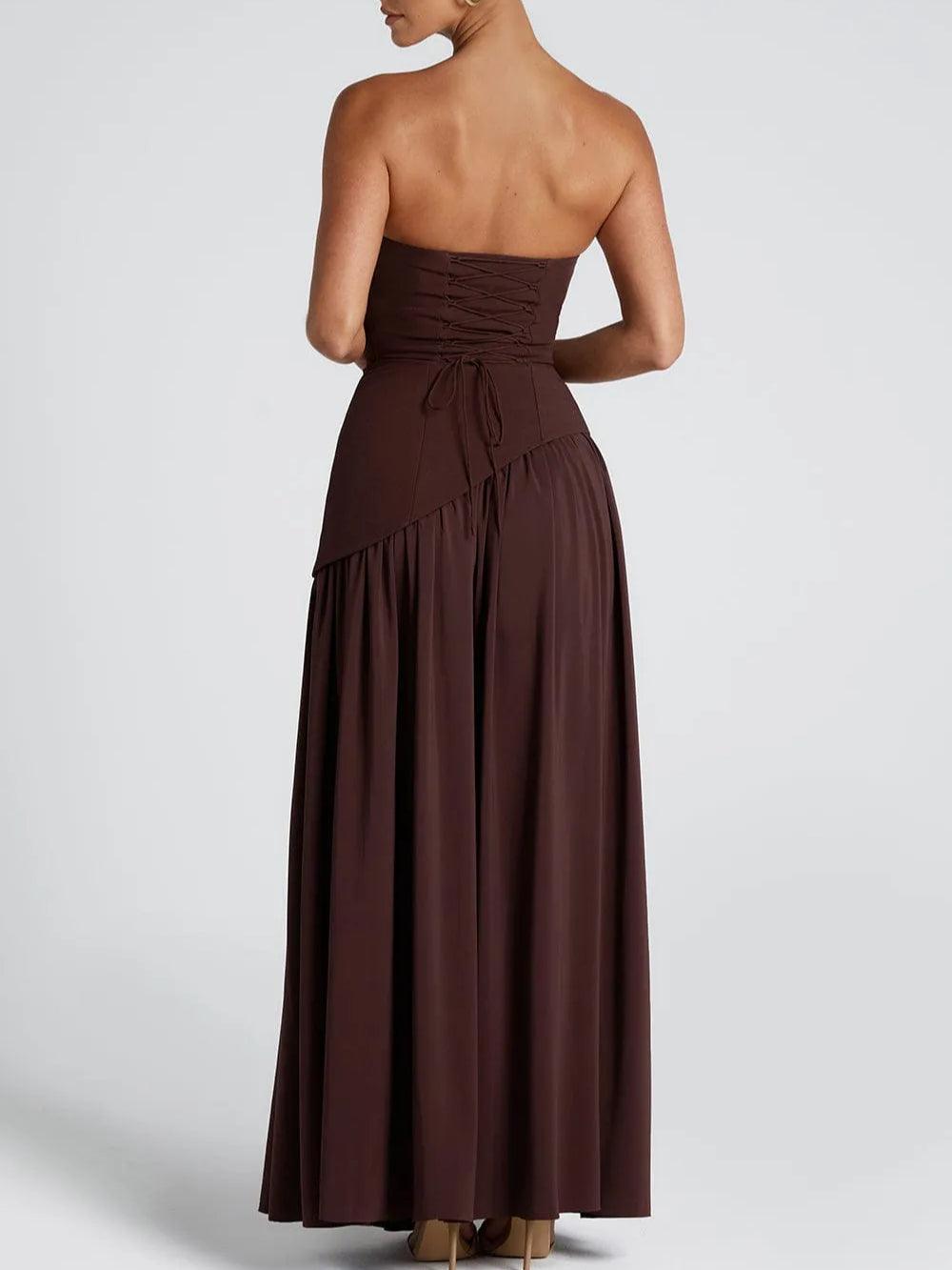 Strapless Slit Gown – Elegant Maxi Dress With Ribbon Detail & Satin Blend Fabric