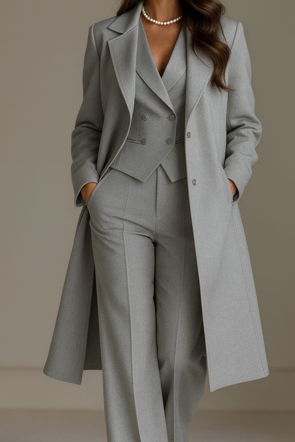 Elegant Three Piece Set – Women's Tailored Blazer, Double Breasted Vest & Matching Trousers