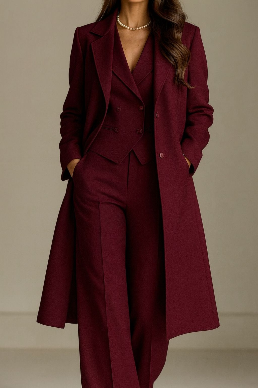 Elegant Three Piece Set – Women's Tailored Blazer, Double Breasted Vest & Matching Trousers