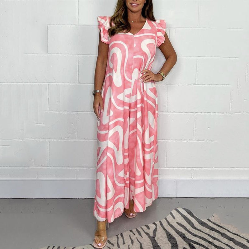 Elegant Summer Jumpsuit – Ruffle Sleeve, Breathable Lightweight Style for Warm Weather