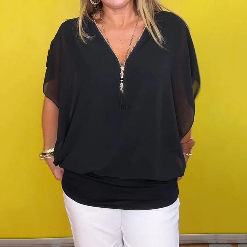 Light Zip Neck Blouse – Breathable Fabric, Modern Zip Neck Top for Workwear