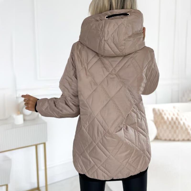 Stylish Casual Coat – Quilted Zip Up Coat with High Neck Hood & Adjustable Drawstrings