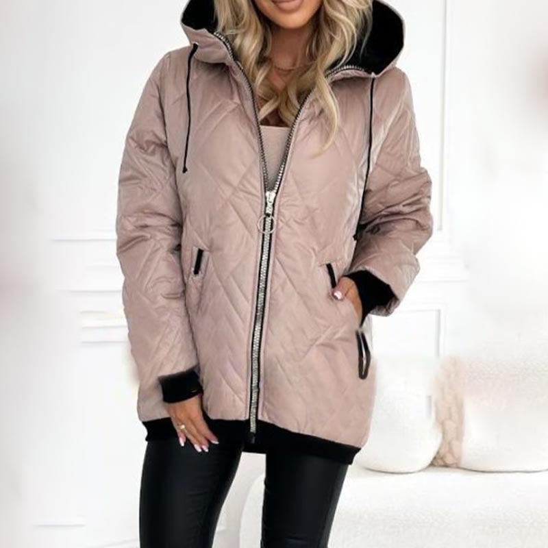 Stylish Casual Coat – Quilted Zip Up Coat with High Neck Hood & Adjustable Drawstrings