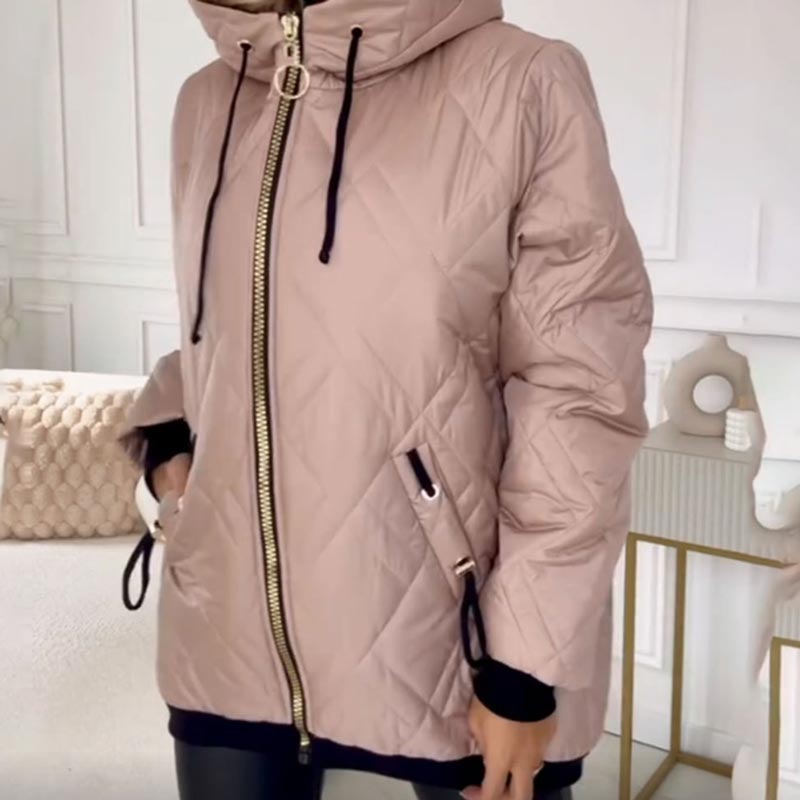 Stylish Casual Coat – Quilted Zip Up Coat with High Neck Hood & Adjustable Drawstrings