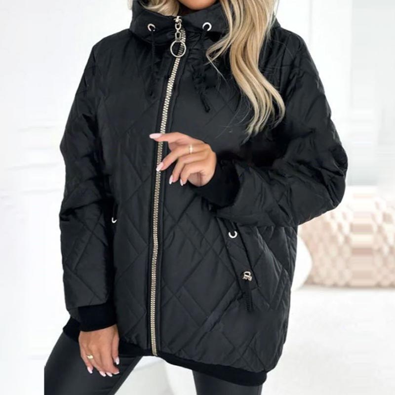 Stylish Casual Coat – Quilted Zip Up Coat with High Neck Hood & Adjustable Drawstrings