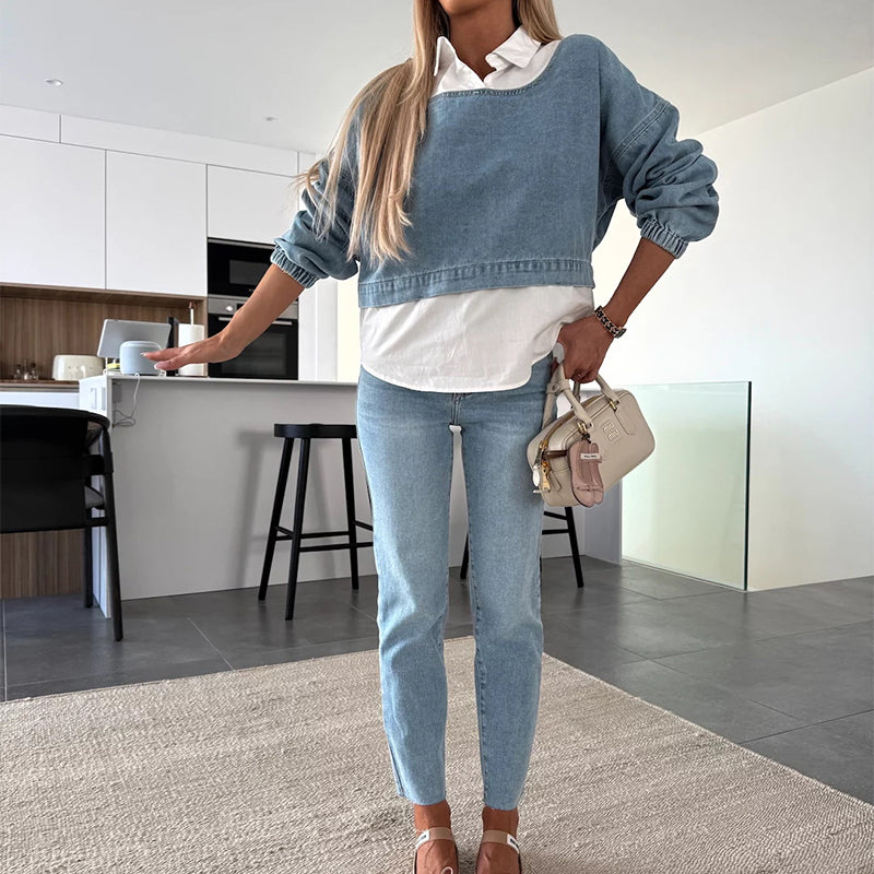 Casual Edge Denim Set – Women's Matching Two-Piece Denim Outfit for Weekend Looks